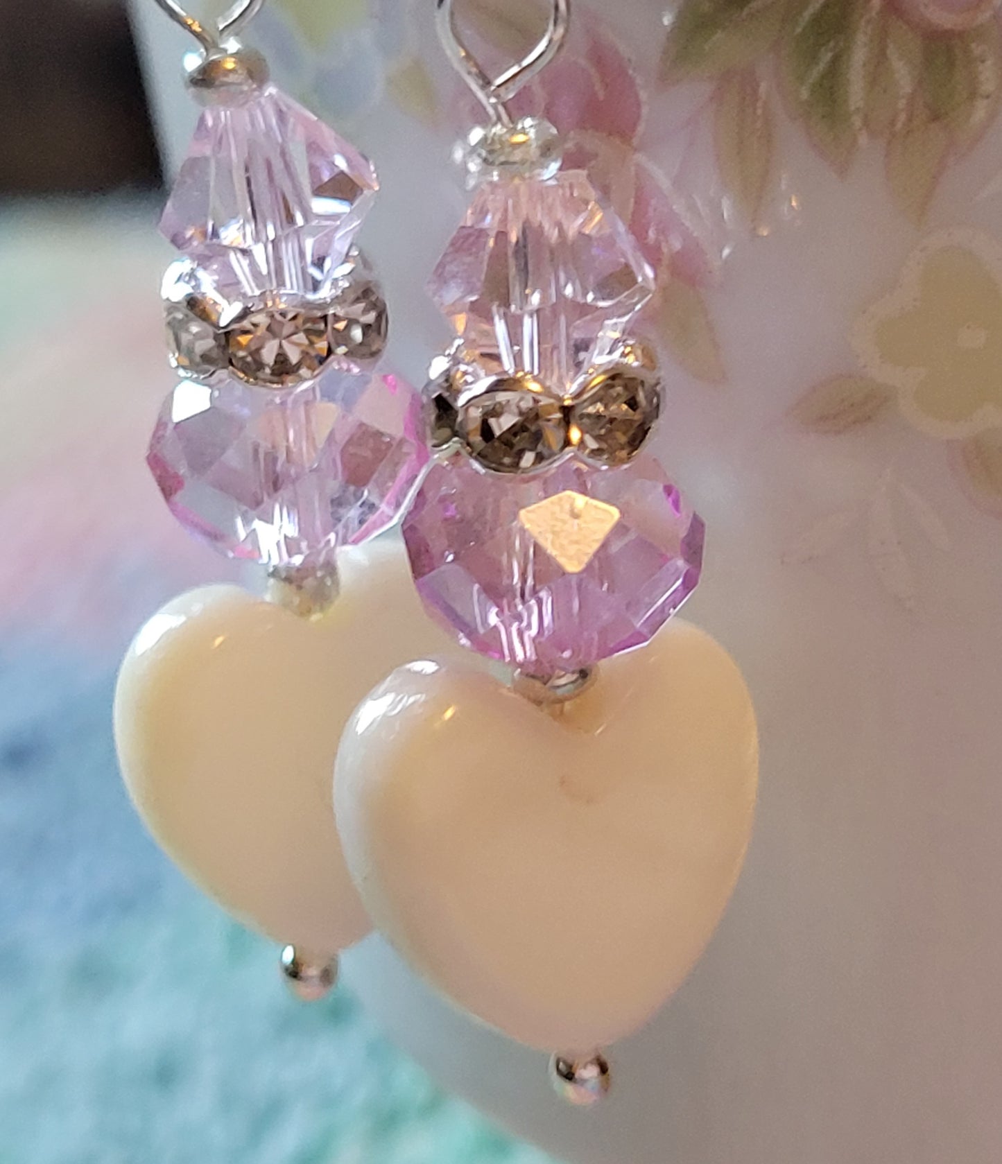 Artisan White Heart Pink Crystal & Rhinestone Dangle Drop Silvertone Fashion Earrings French Wire