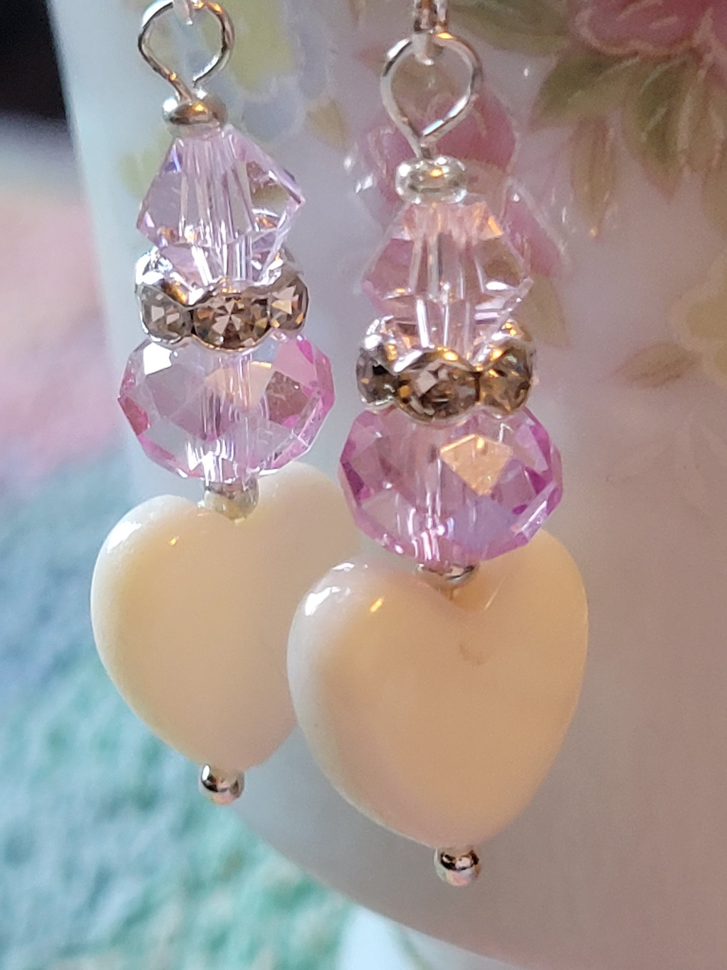 Artisan White Heart Pink Crystal & Rhinestone Dangle Drop Silvertone Fashion Earrings French Wire