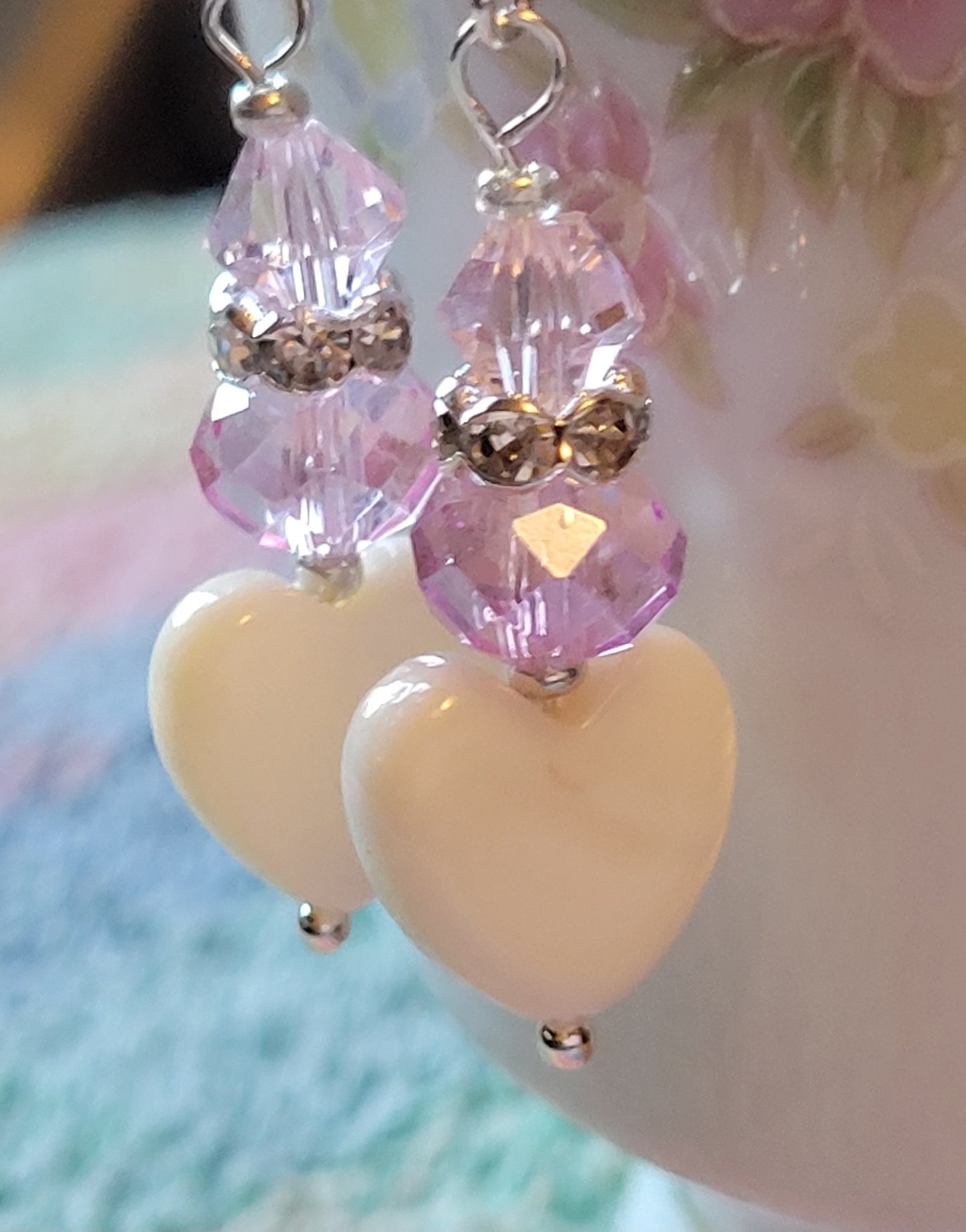 Artisan White Heart Pink Crystal & Rhinestone Dangle Drop Silvertone Fashion Earrings French Wire