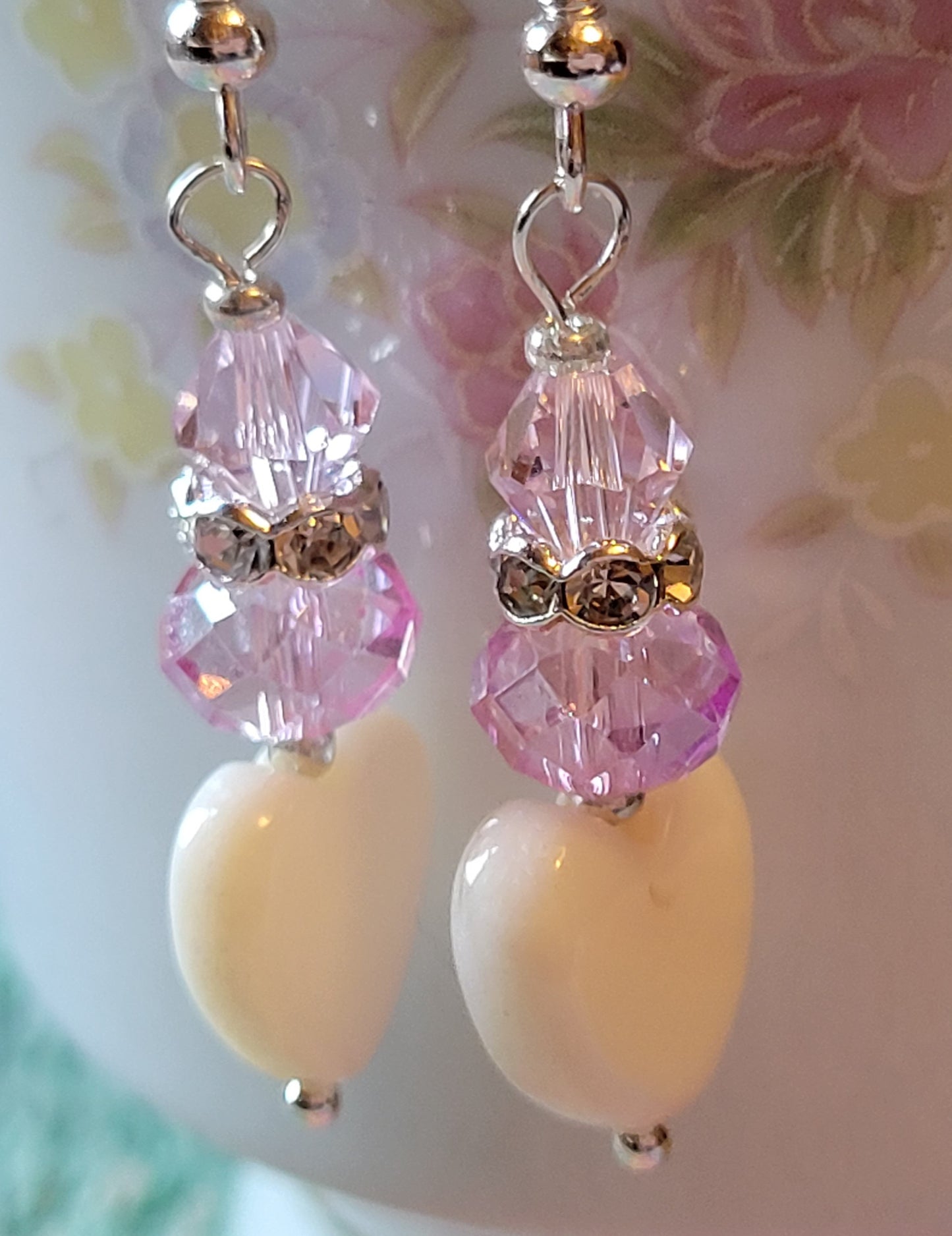 Artisan White Heart Pink Crystal & Rhinestone Dangle Drop Silvertone Fashion Earrings French Wire