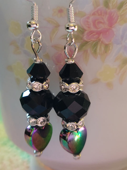 Artisan Magical BLACK HEART  Crystal Dangle Drop Earrings French Wire Silver