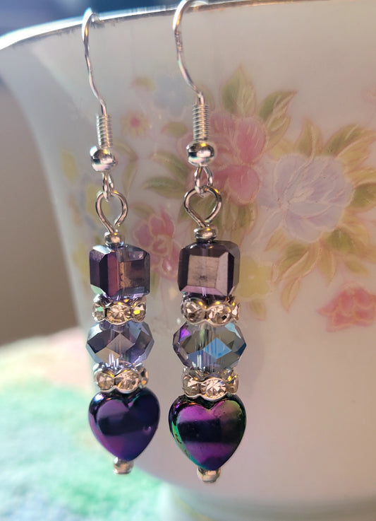Artisan Irridescent HEART  Crystal Dangle Drop Earrings French Wire Silver
