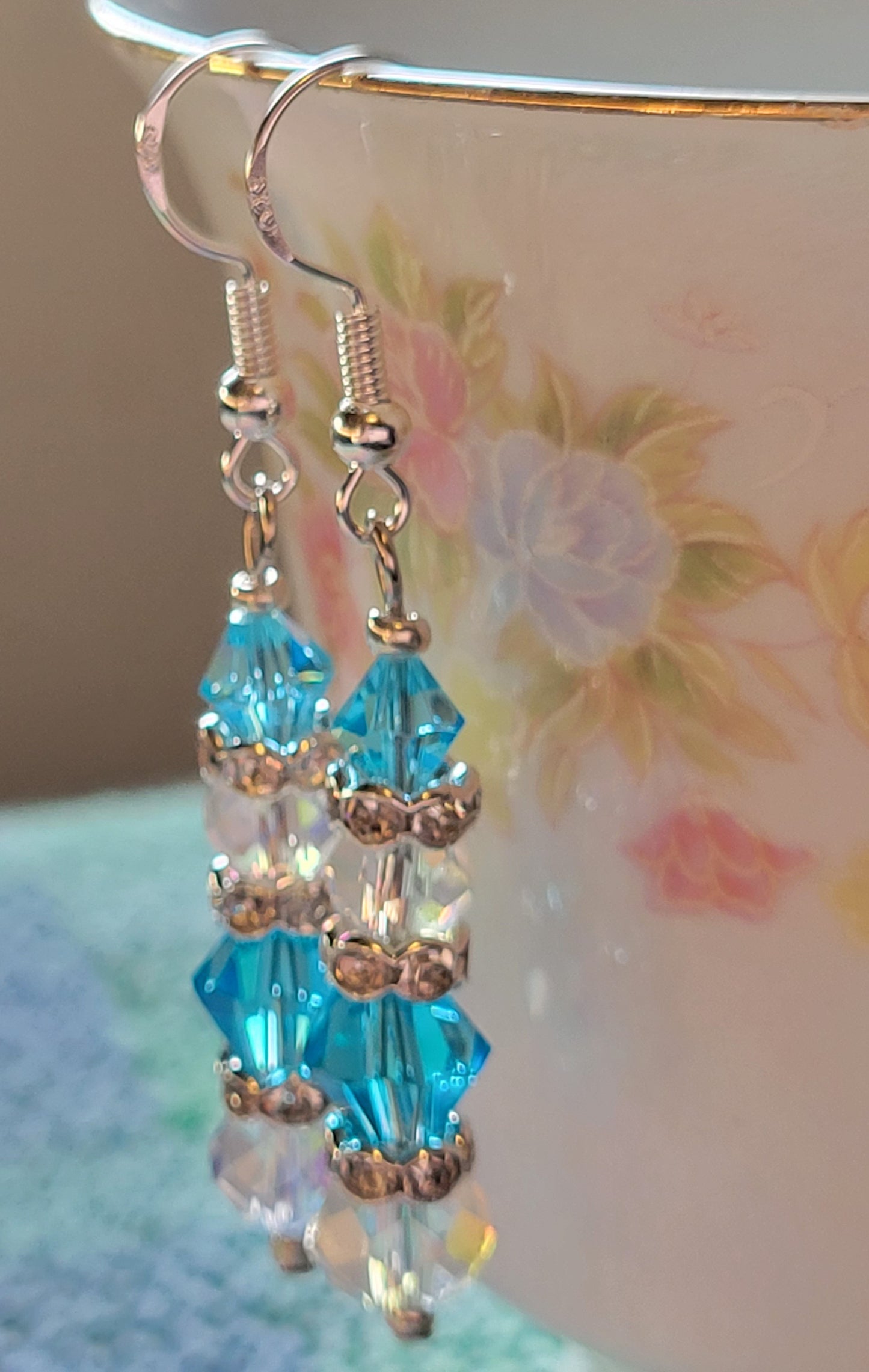 Artisan Elegant TEAL Crystal Long Dangle Drop Silver Earrings French Wire