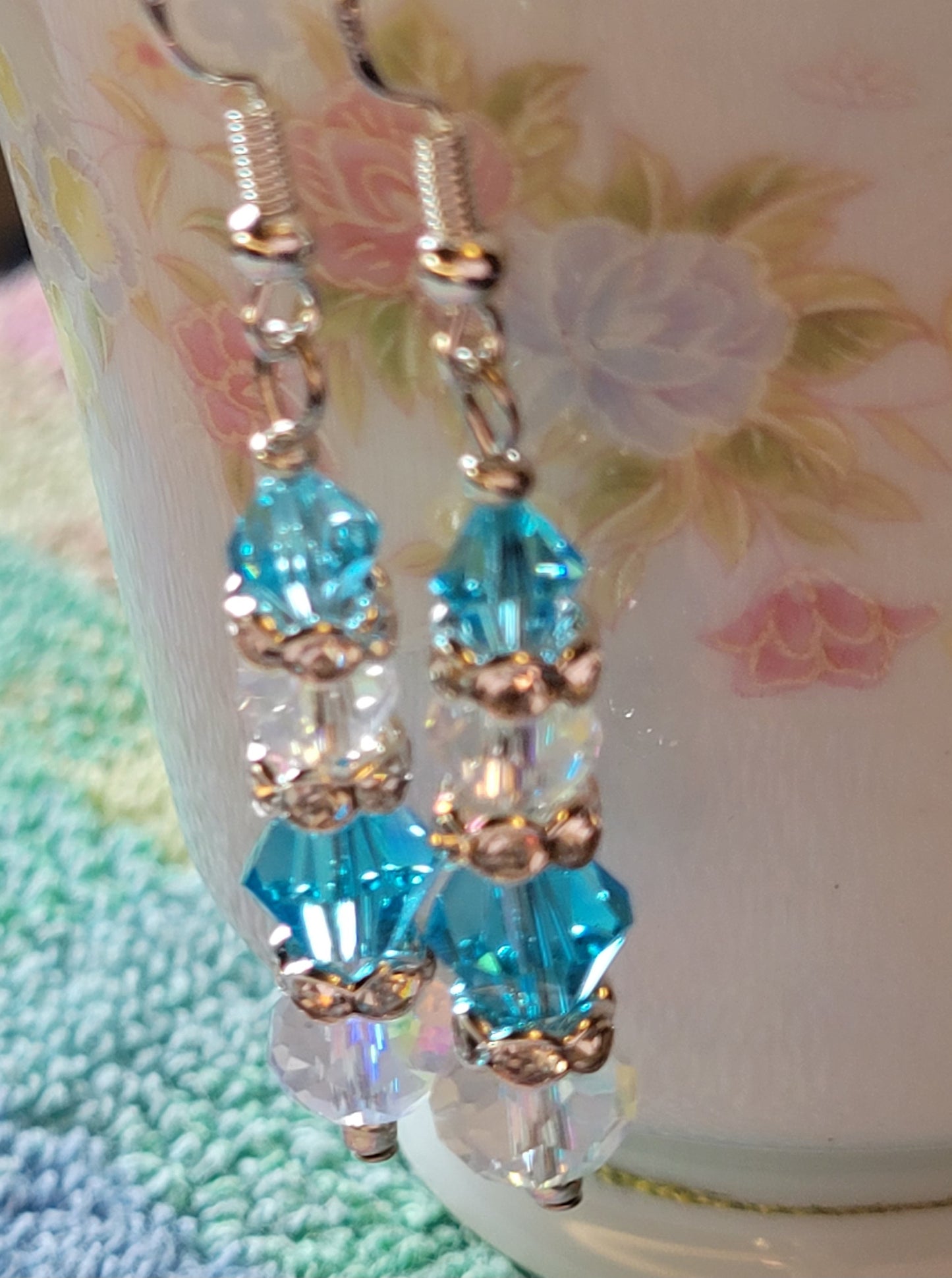 Artisan Elegant TEAL Crystal Long Dangle Drop Silver Earrings French Wire