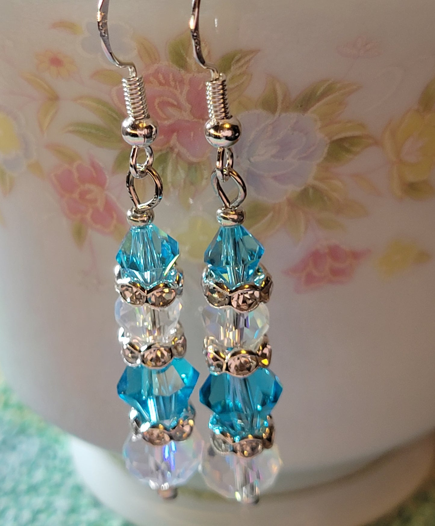 Artisan Elegant TEAL Crystal Long Dangle Drop Silver Earrings French Wire