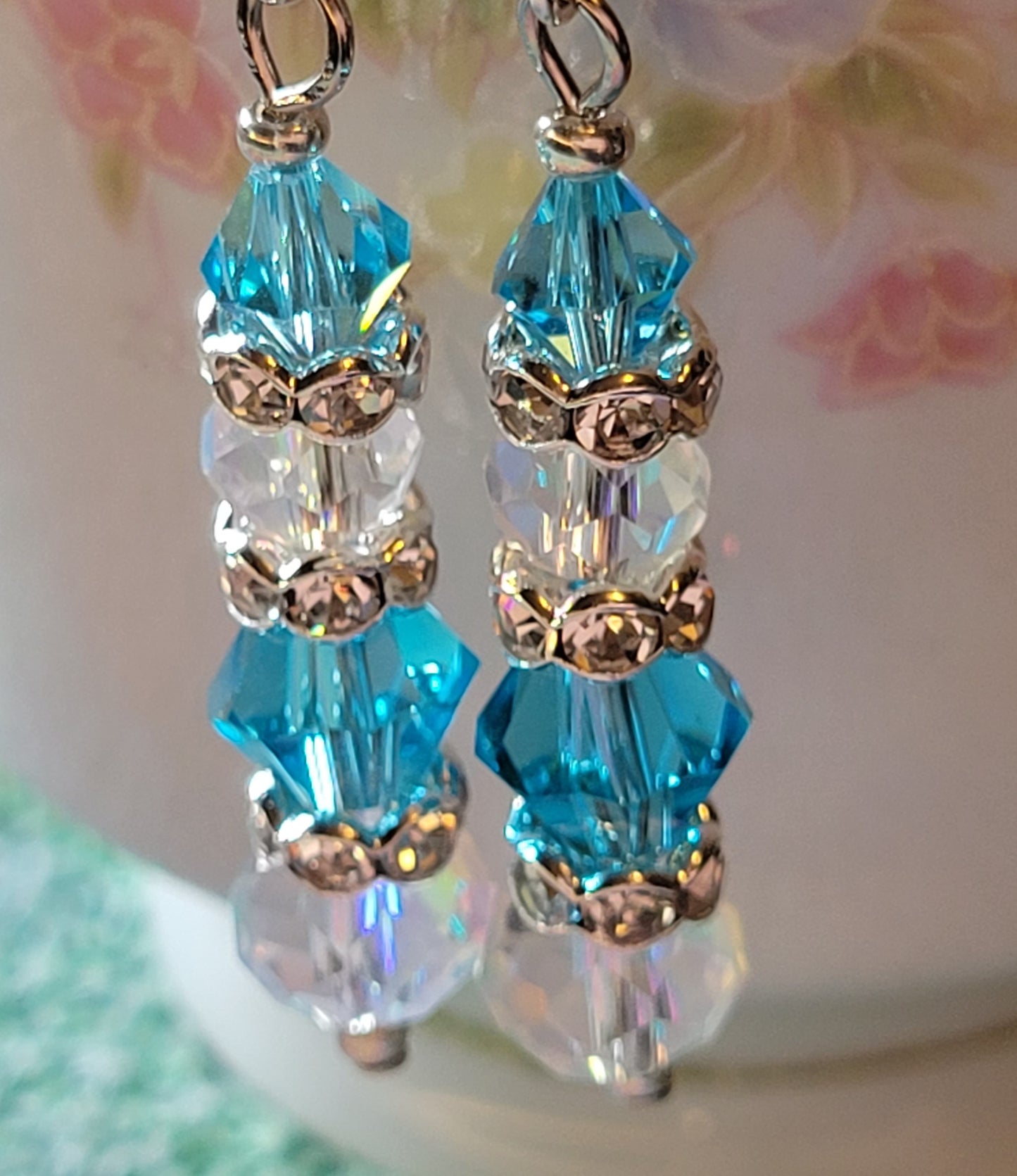 Artisan Elegant TEAL Crystal Long Dangle Drop Silver Earrings French Wire
