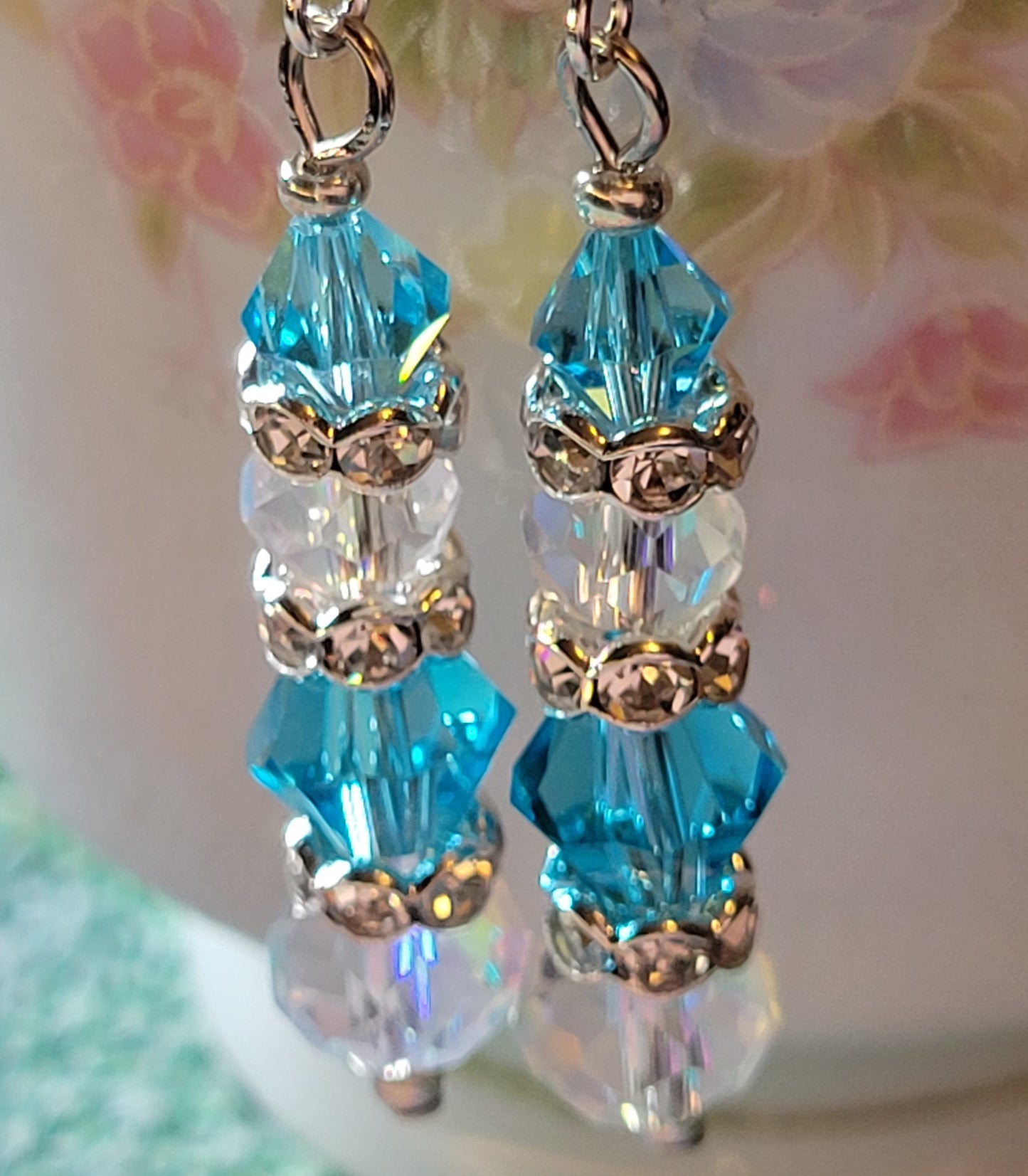 Artisan Elegant TEAL Crystal Long Dangle Drop Silver Earrings French Wire