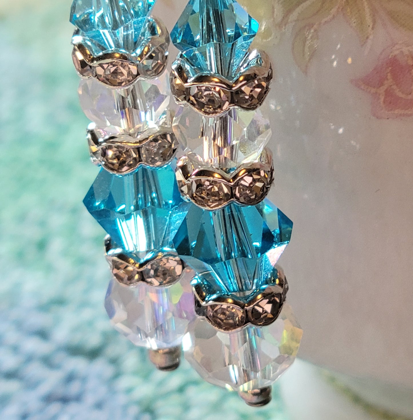 Artisan Elegant TEAL Crystal Long Dangle Drop Silver Earrings French Wire