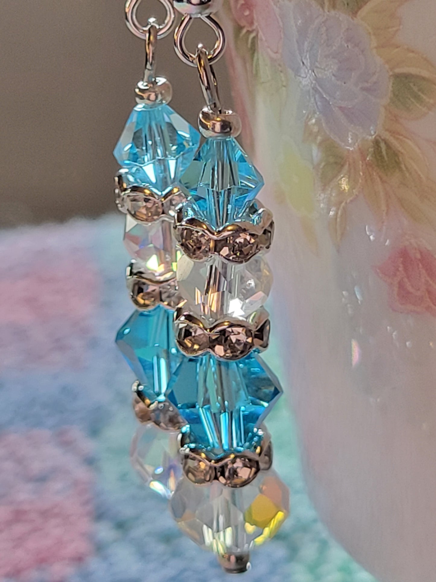 Artisan Elegant TEAL Crystal Long Dangle Drop Silver Earrings French Wire
