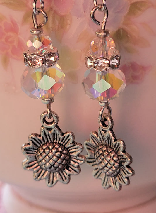 Artisan Sunflower 🌻 Clear Crystal  Dangle Drop Earrings OOAK Hand Designed