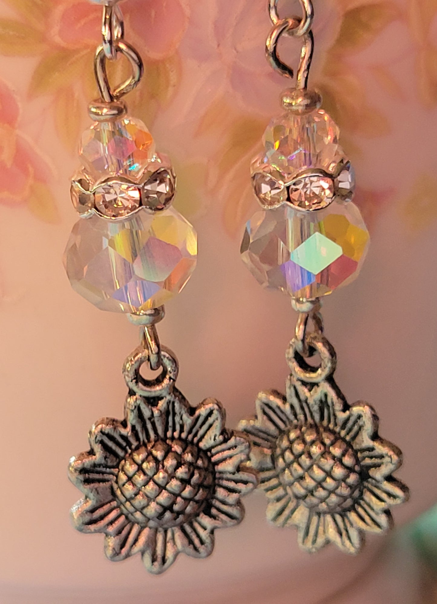 Artisan Sunflower 🌻 Clear Crystal  Dangle Drop Earrings OOAK Hand Designed