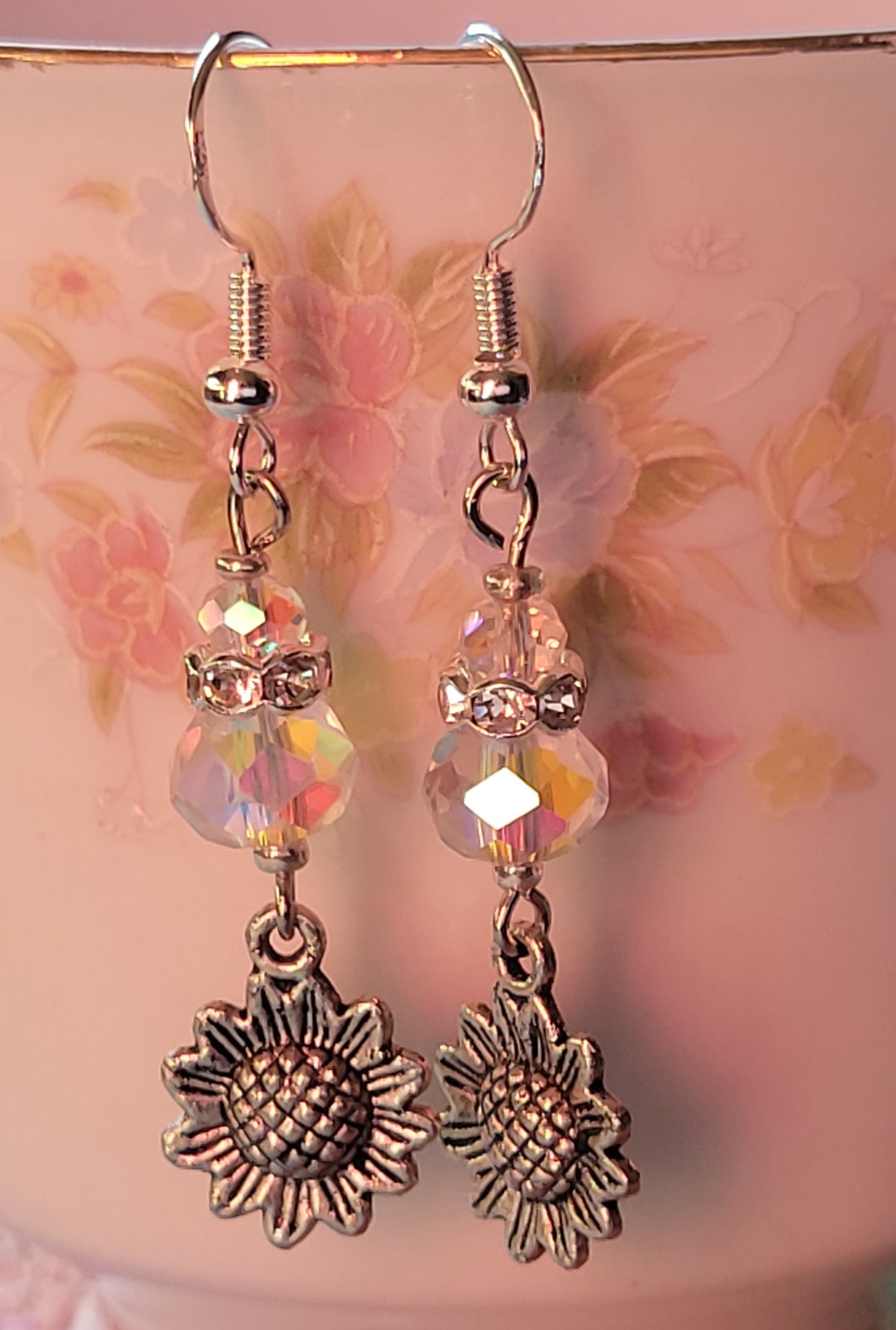 Artisan Sunflower 🌻 Clear Crystal  Dangle Drop Earrings OOAK Hand Designed