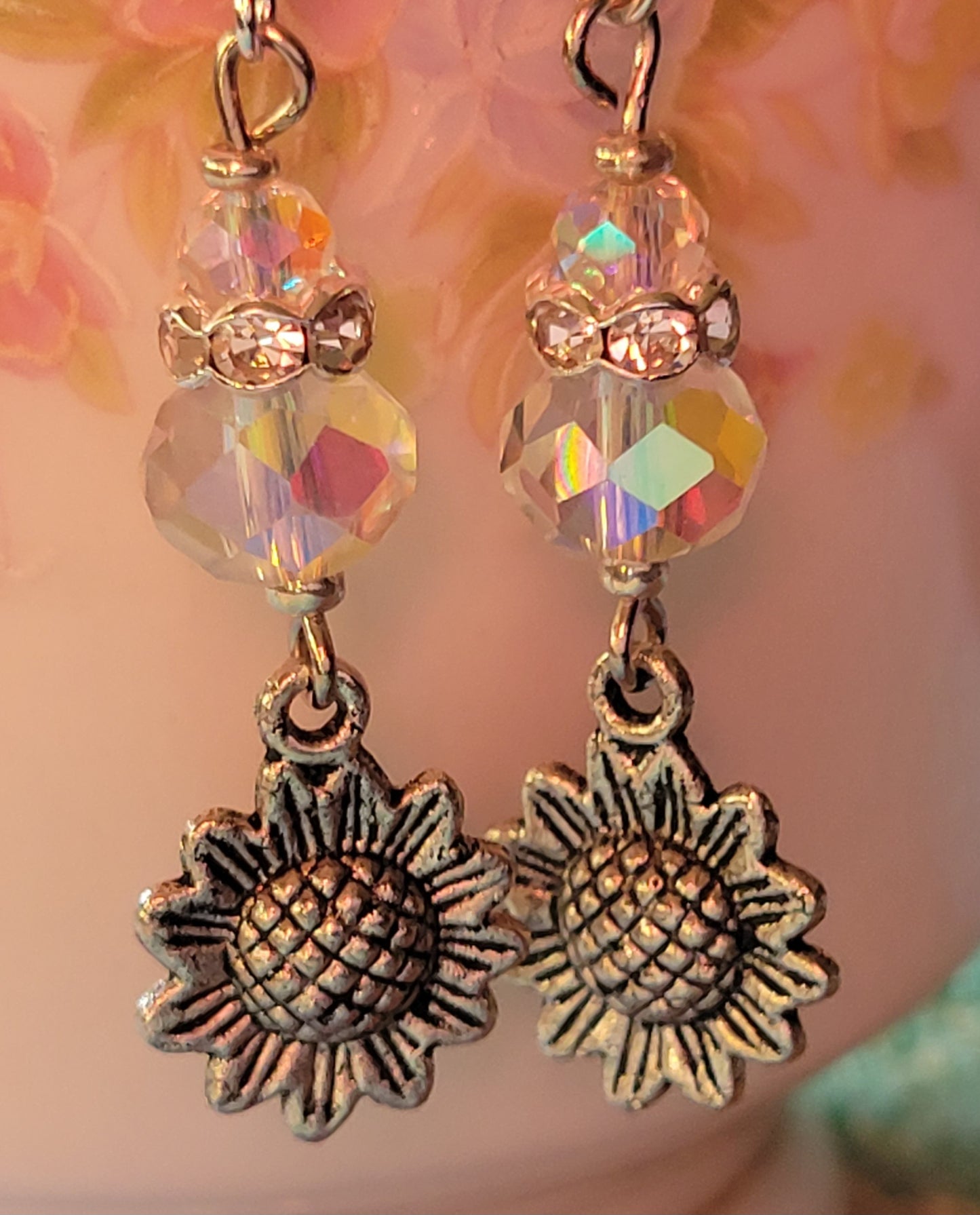Artisan Sunflower 🌻 Clear Crystal  Dangle Drop Earrings OOAK Hand Designed