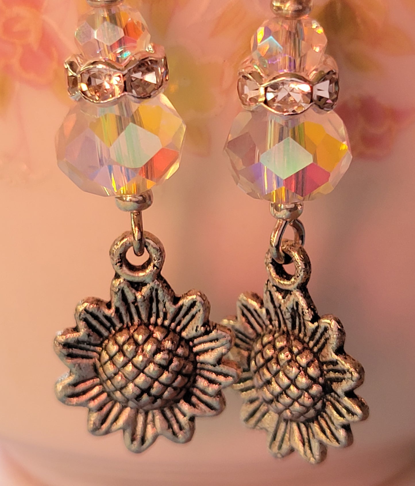 Artisan Sunflower 🌻 Clear Crystal  Dangle Drop Earrings OOAK Hand Designed