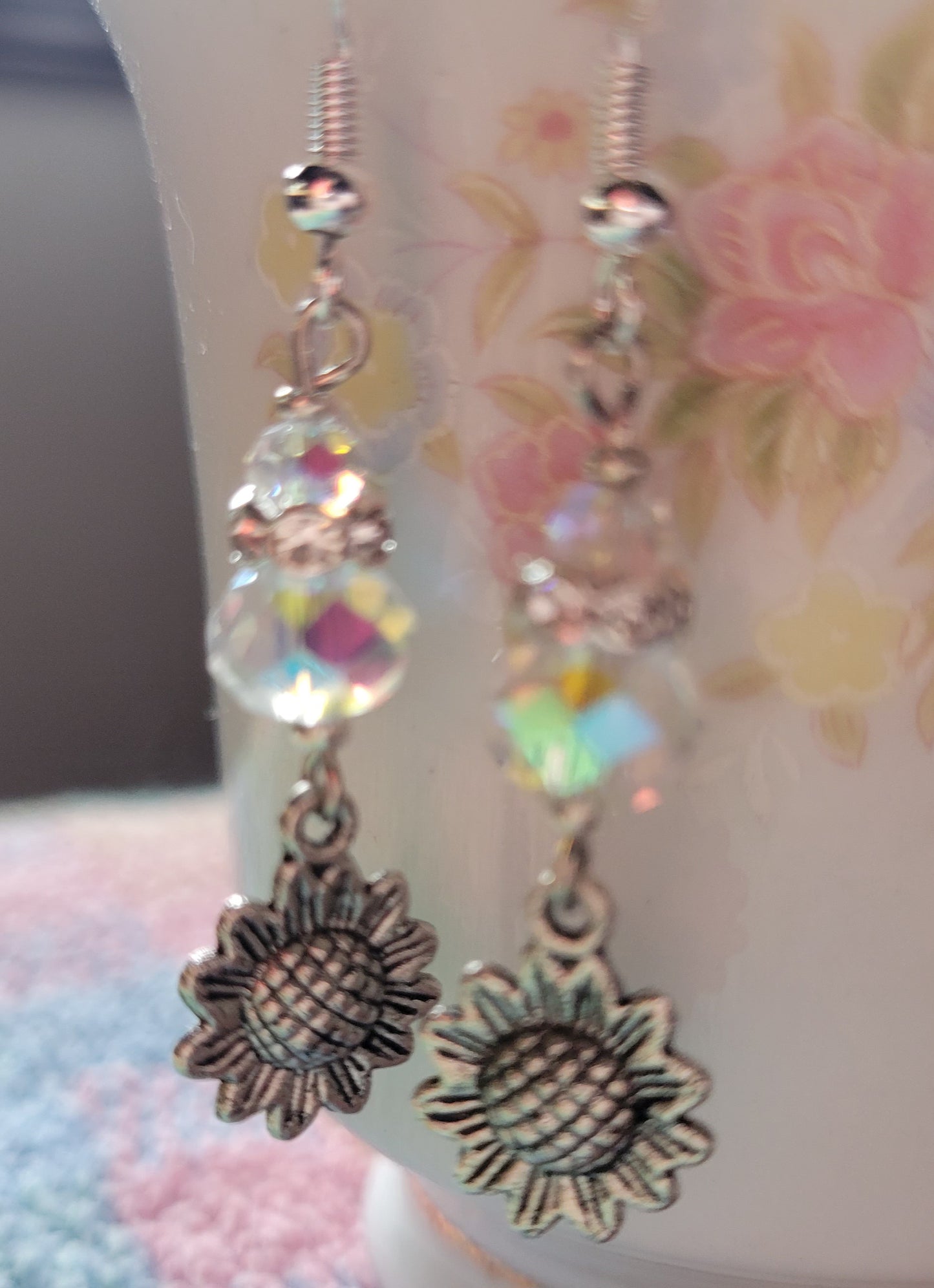 Artisan Sunflower 🌻 Clear Crystal  Dangle Drop Earrings OOAK Hand Designed