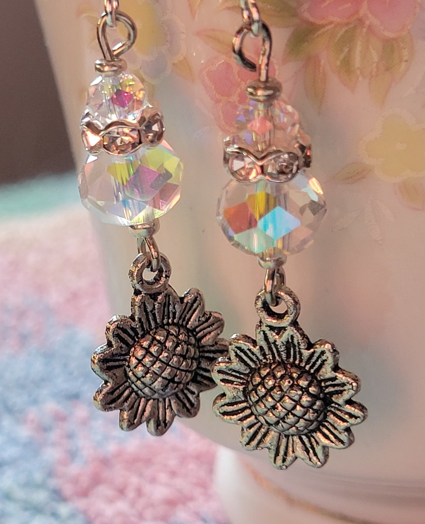 Artisan Sunflower 🌻 Clear Crystal  Dangle Drop Earrings OOAK Hand Designed