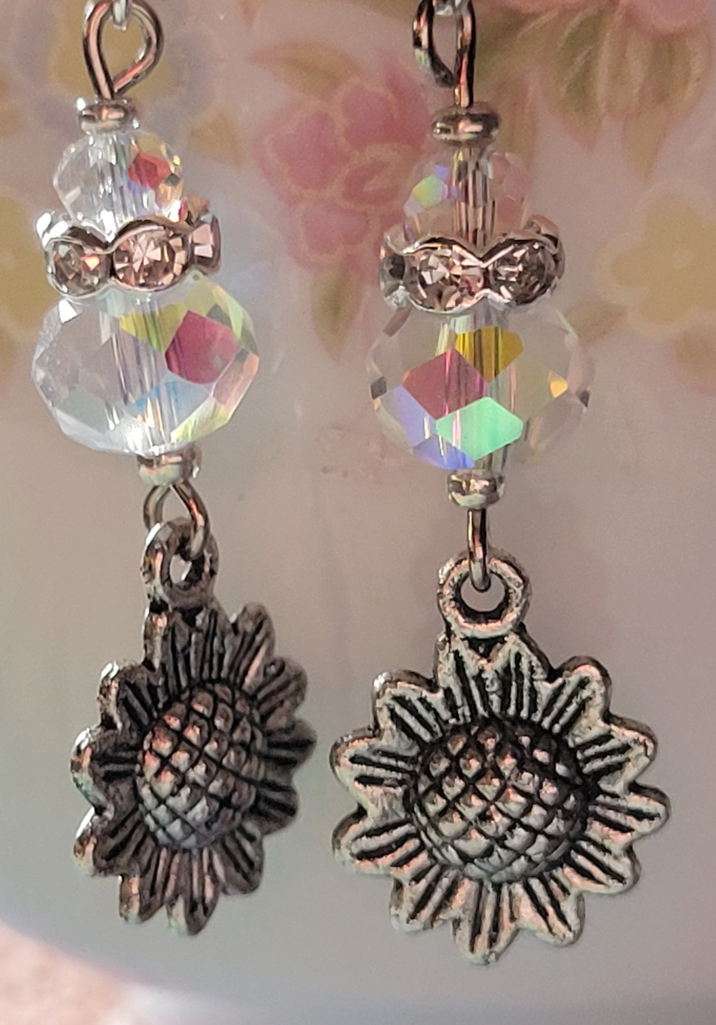 Artisan Sunflower 🌻 Clear Crystal  Dangle Drop Earrings OOAK Hand Designed