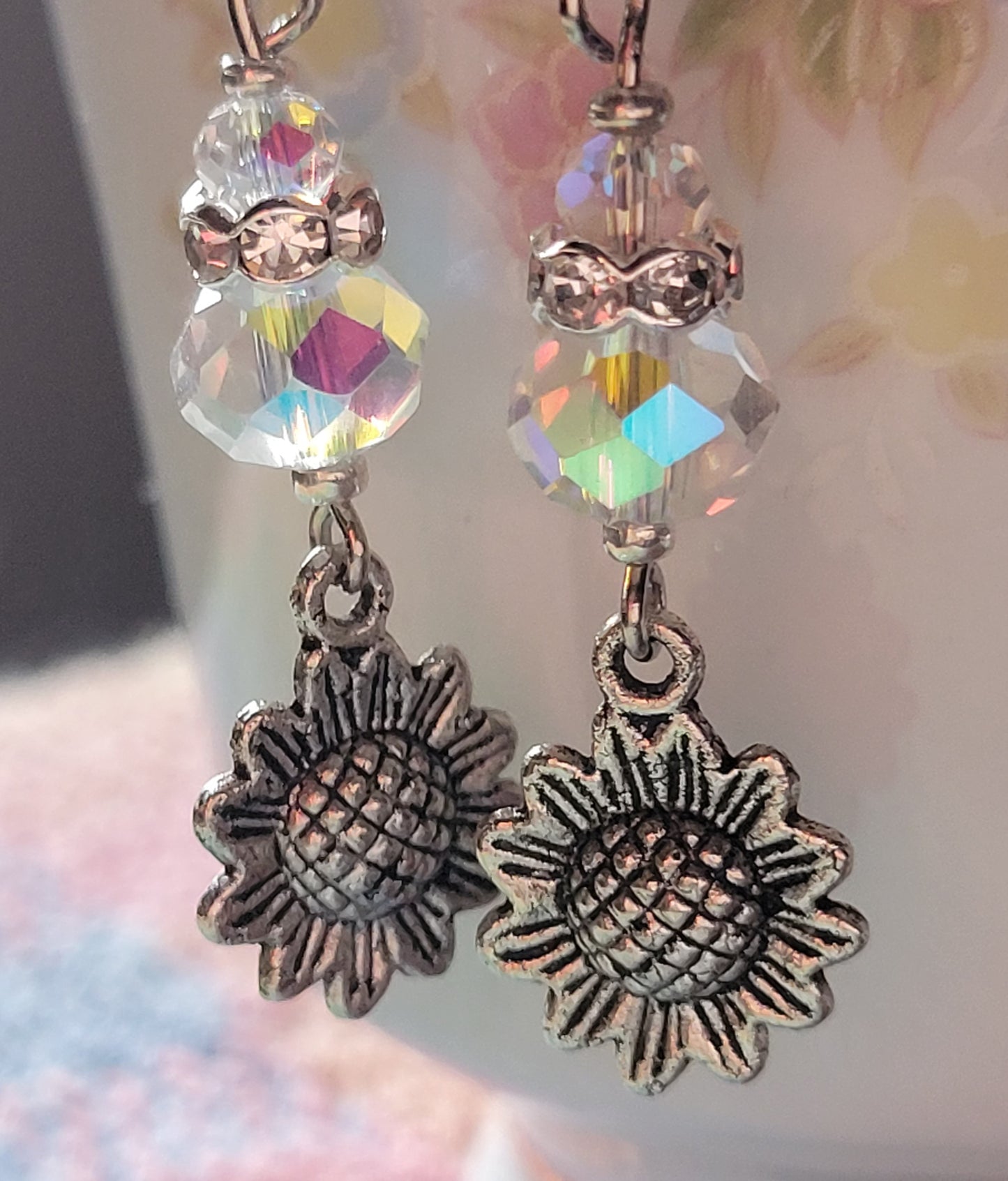 Artisan Sunflower 🌻 Clear Crystal  Dangle Drop Earrings OOAK Hand Designed