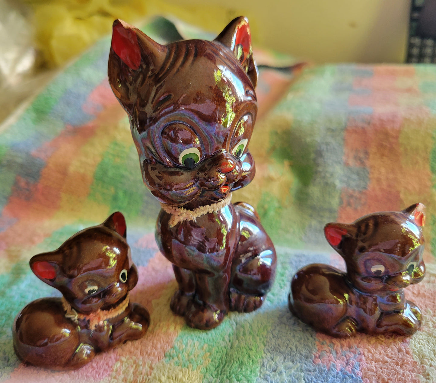 Three Little Pigs Knick knacks  Vintage 1950s Japan Brown Glaze Drip Redware