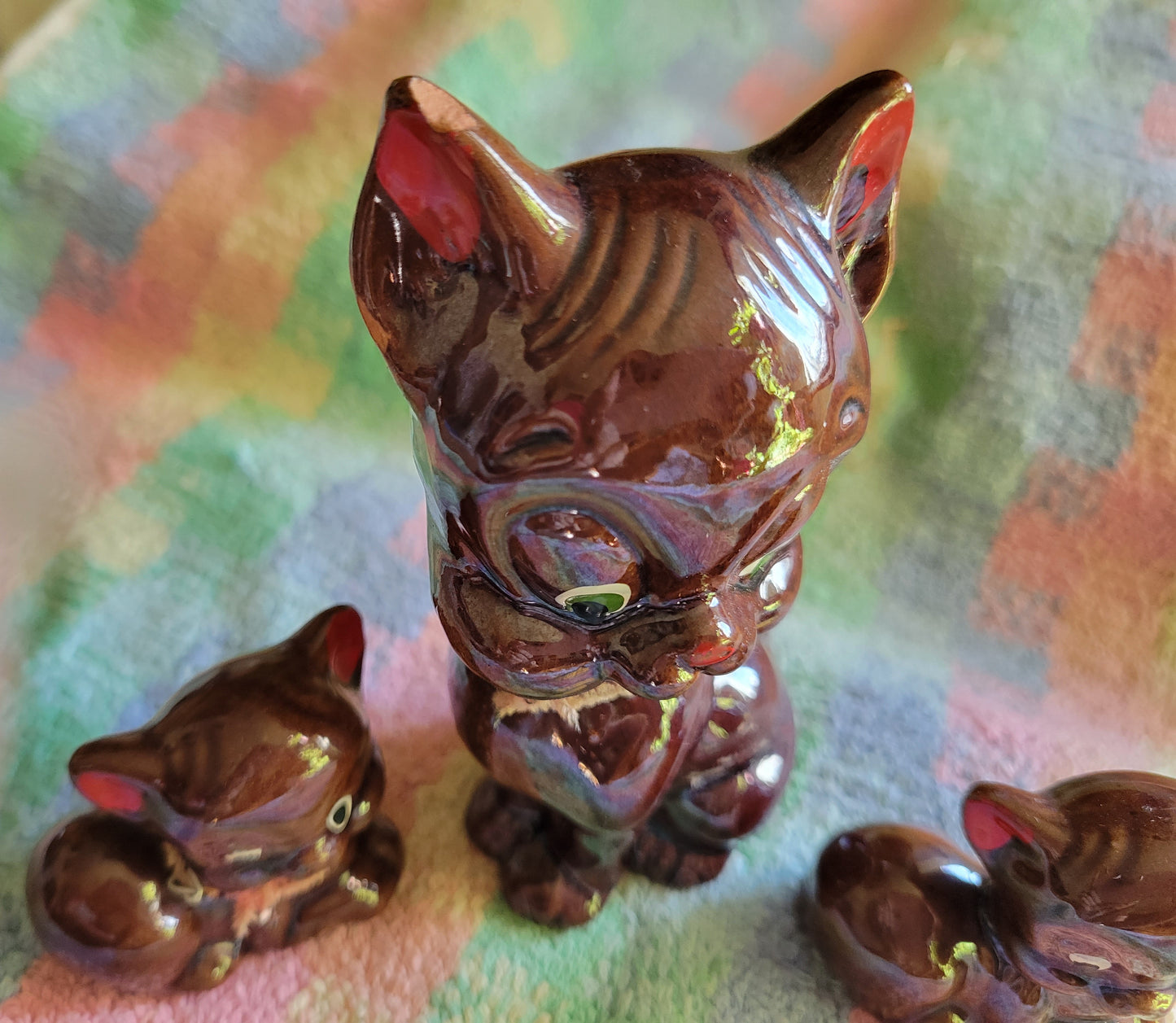 Three Little Pigs Knick knacks  Vintage 1950s Japan Brown Glaze Drip Redware