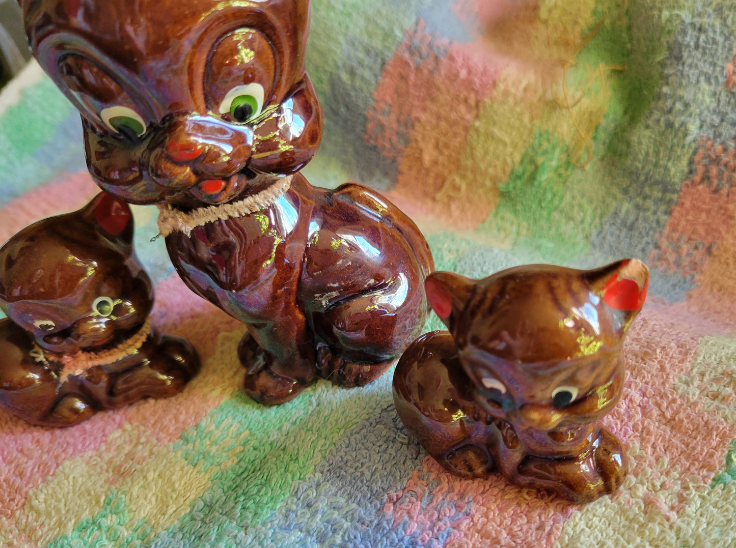 Three Little Pigs Knick knacks  Vintage 1950s Japan Brown Glaze Drip Redware