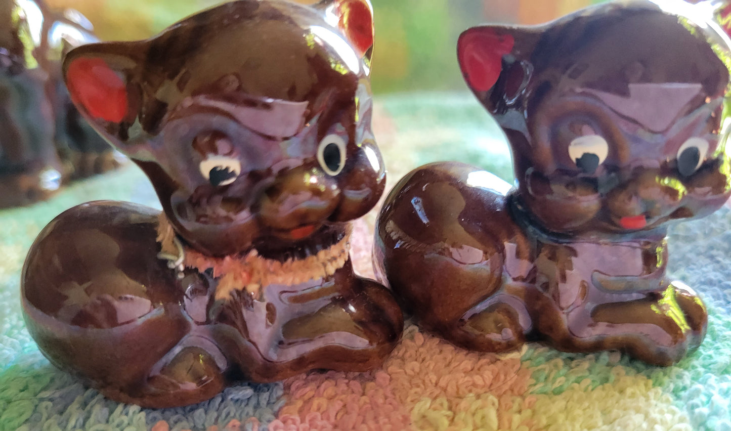 Three Little Pigs Knick knacks  Vintage 1950s Japan Brown Glaze Drip Redware