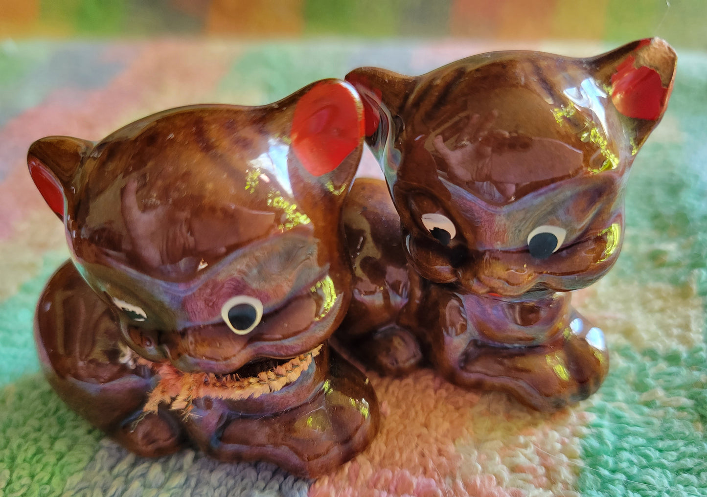 Three Little Pigs Knick knacks  Vintage 1950s Japan Brown Glaze Drip Redware