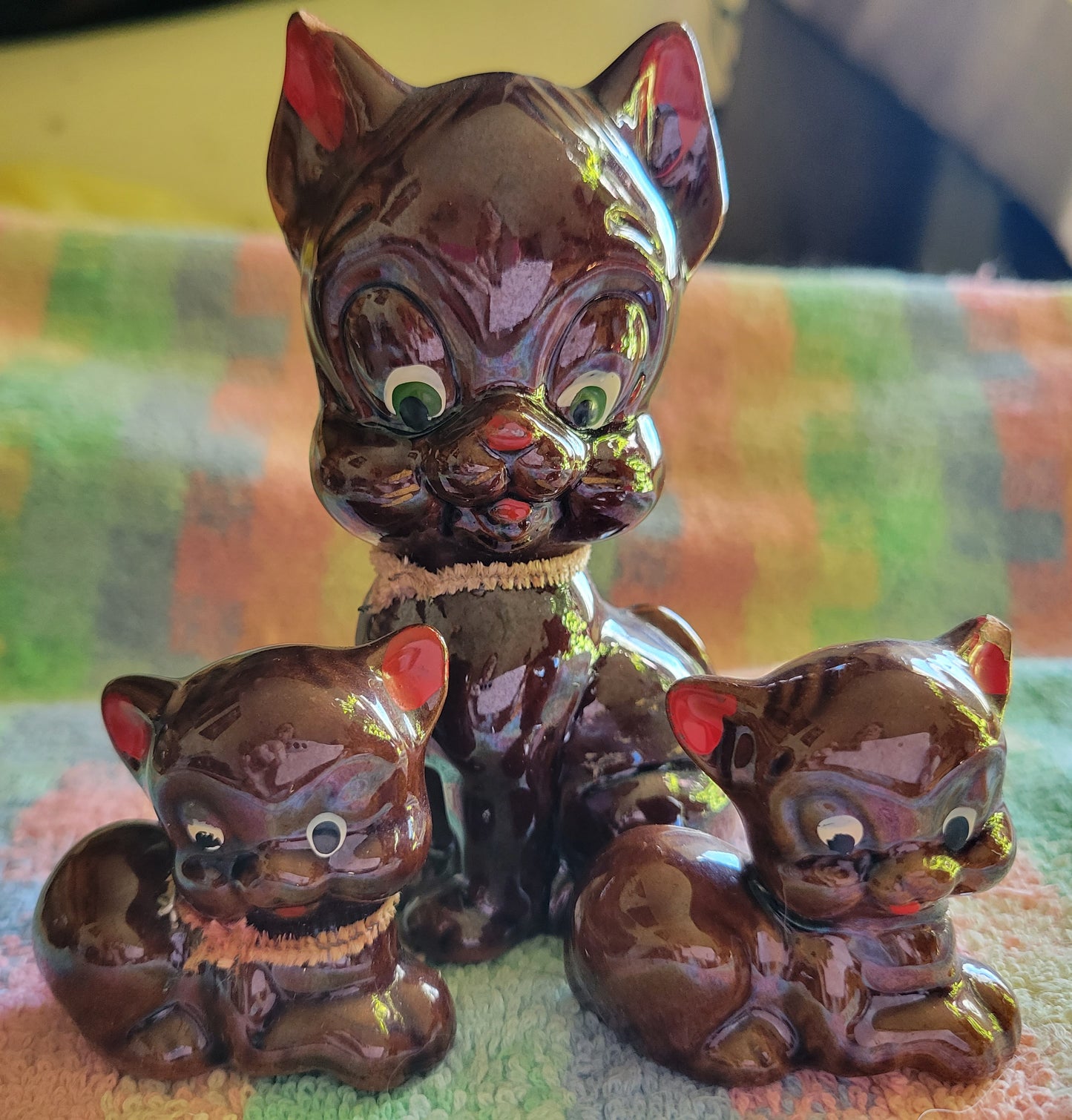 Three Little Pigs Knick knacks  Vintage 1950s Japan Brown Glaze Drip Redware