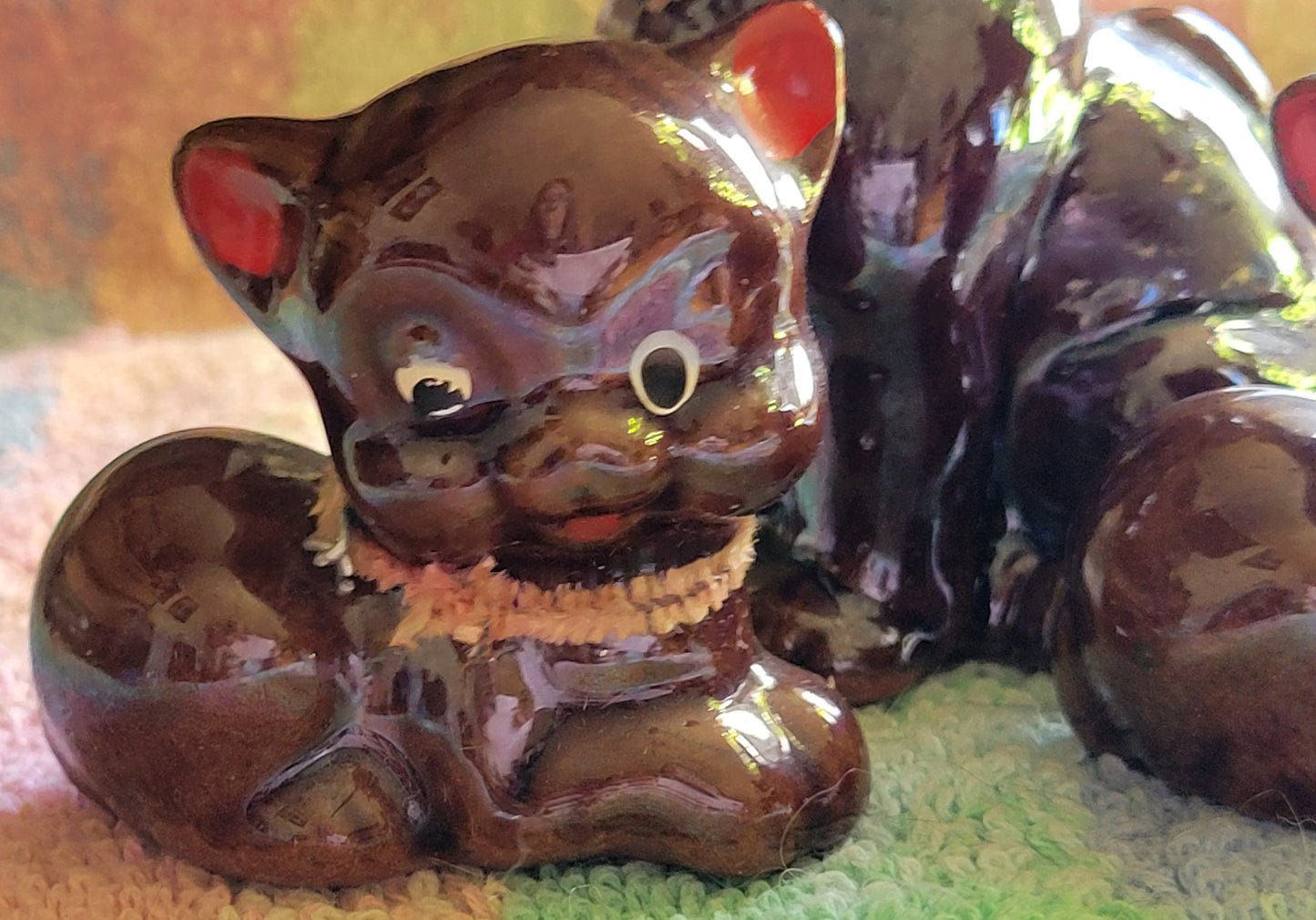 Three Little Pigs Knick knacks  Vintage 1950s Japan Brown Glaze Drip Redware