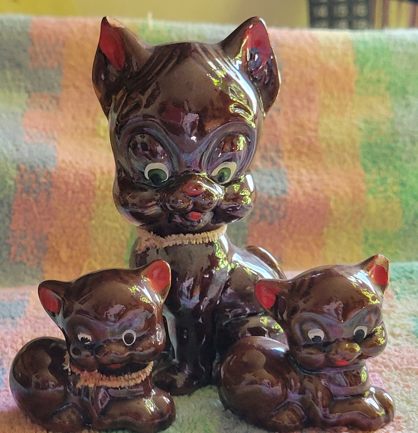 Three Little Pigs Knick knacks  Vintage 1950s Japan Brown Glaze Drip Redware
