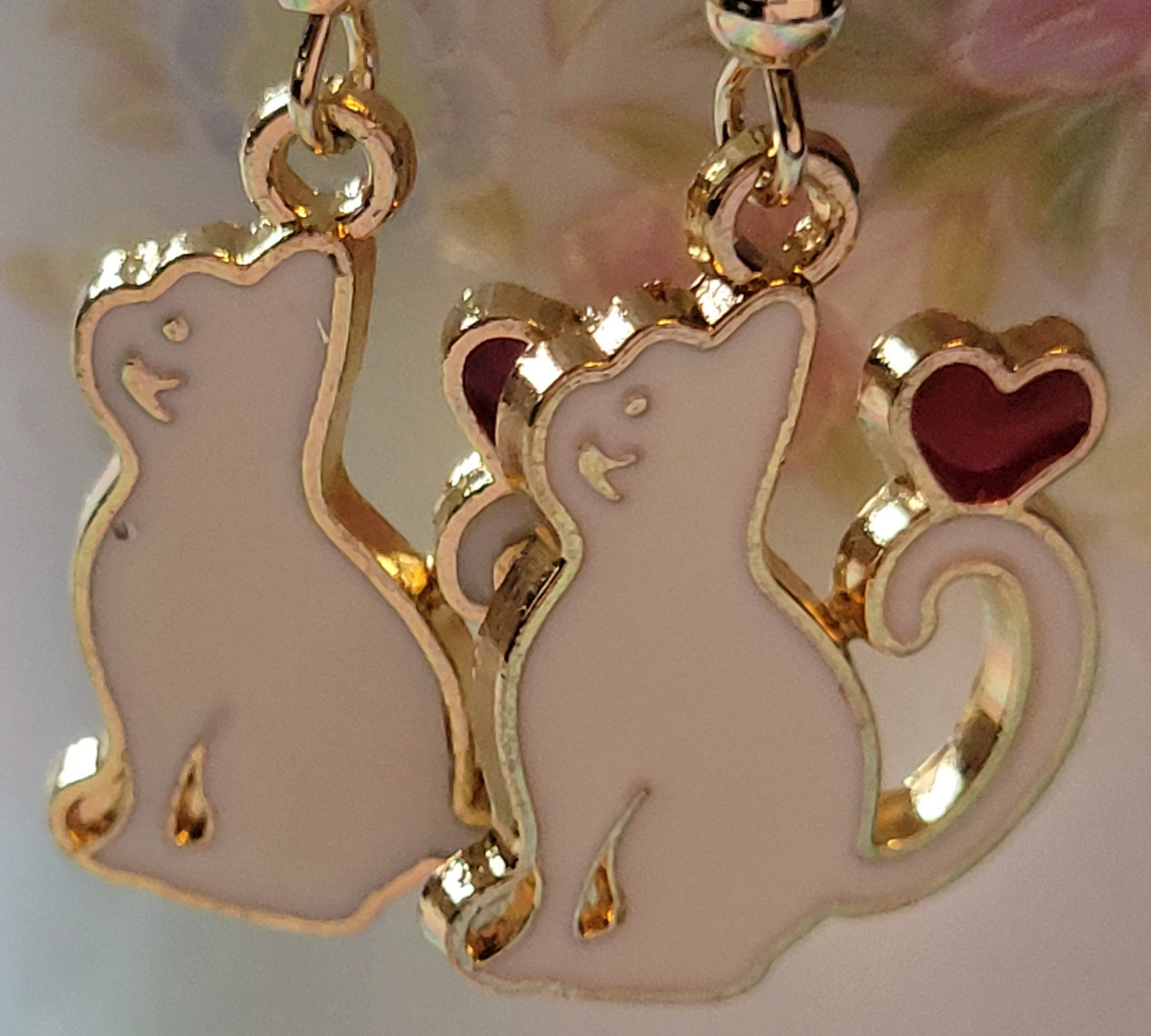 White Cat Kitty with Heart Dangle Drop Earrings French Wire Elegant