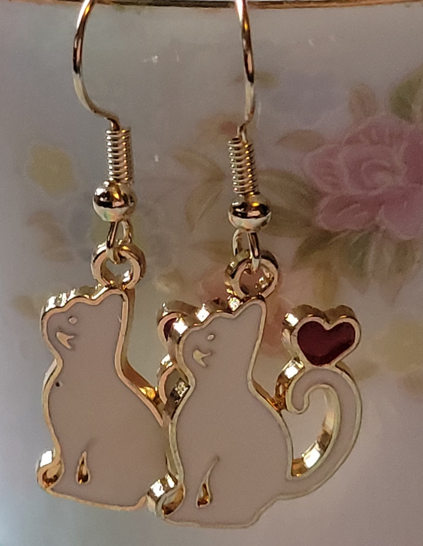 White Cat Kitty with Heart Dangle Drop Earrings French Wire Elegant