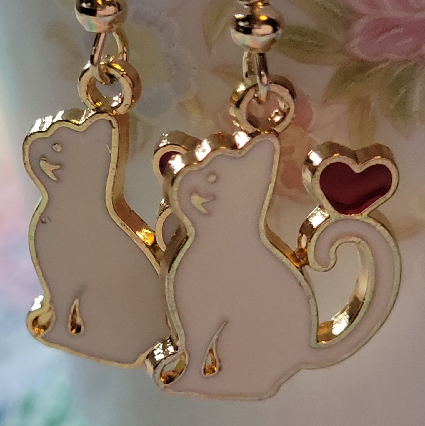 White Cat Kitty with Heart Dangle Drop Earrings French Wire Elegant
