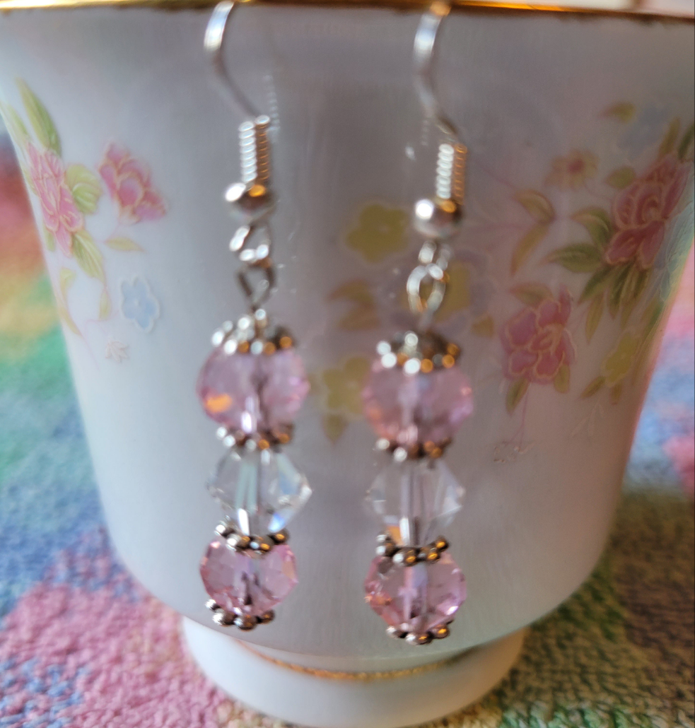 Pretty Silver Tone Pastel  Pink & Clear Crystal Dangle Drop Fashion Earrings