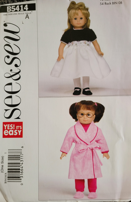 Butterick # B5414 18 Inch Doll Clothes Sewing Pattern Dress, Robe Etc