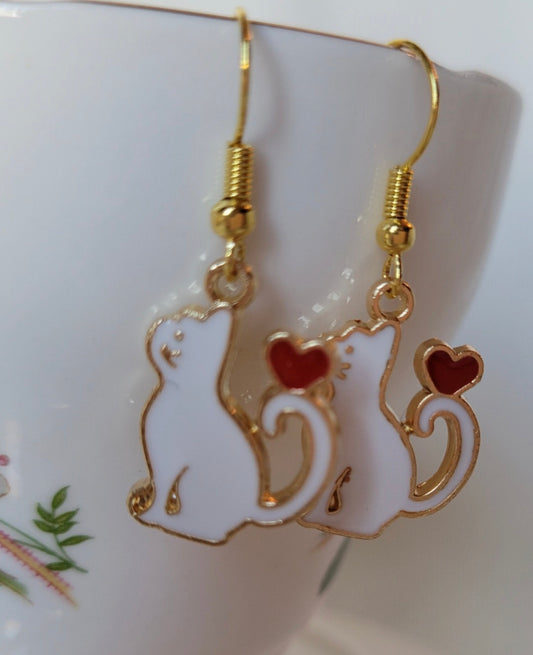 White Cat with Heart Dangle Drop Earrings