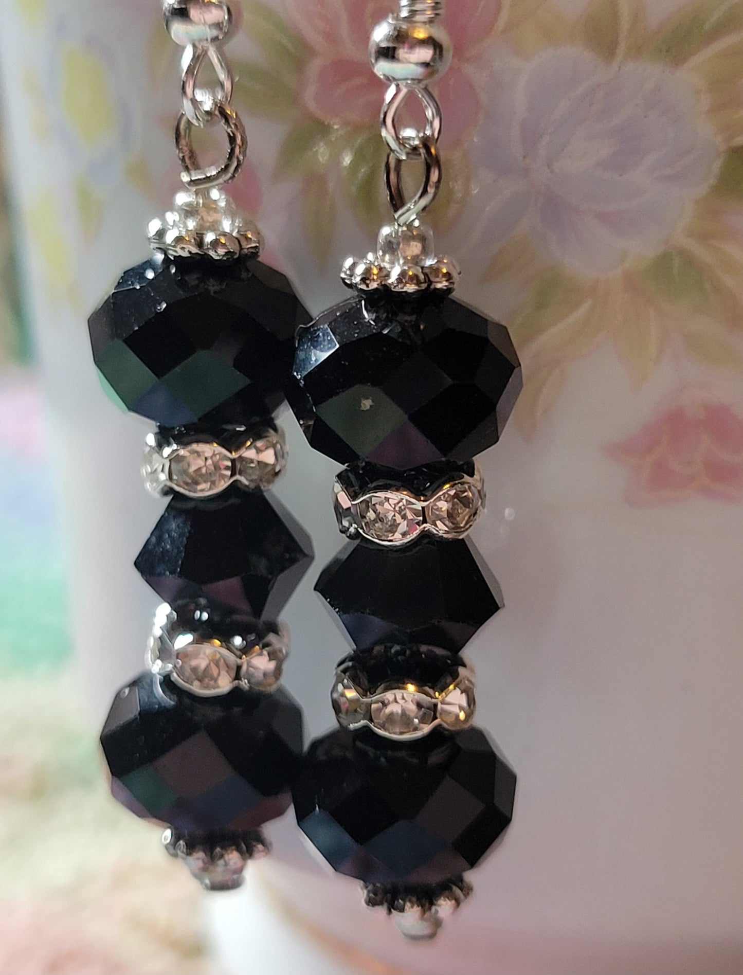 Artisan Elegant EXOTIC BLACK Crystal Dangle Drop Silver Earrings Rhinestones 💜