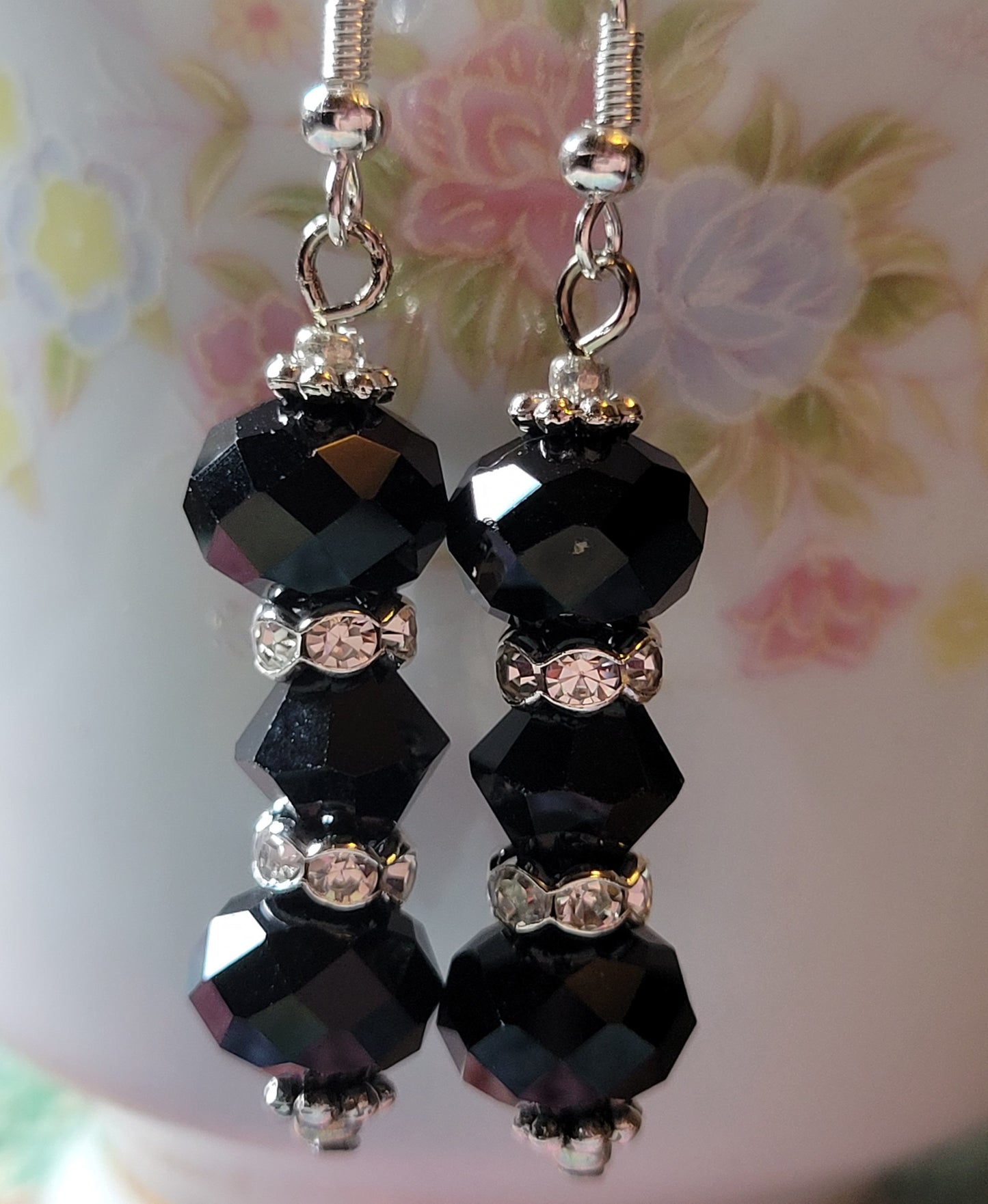 Artisan Elegant EXOTIC BLACK Crystal Dangle Drop Silver Earrings Rhinestones 💜