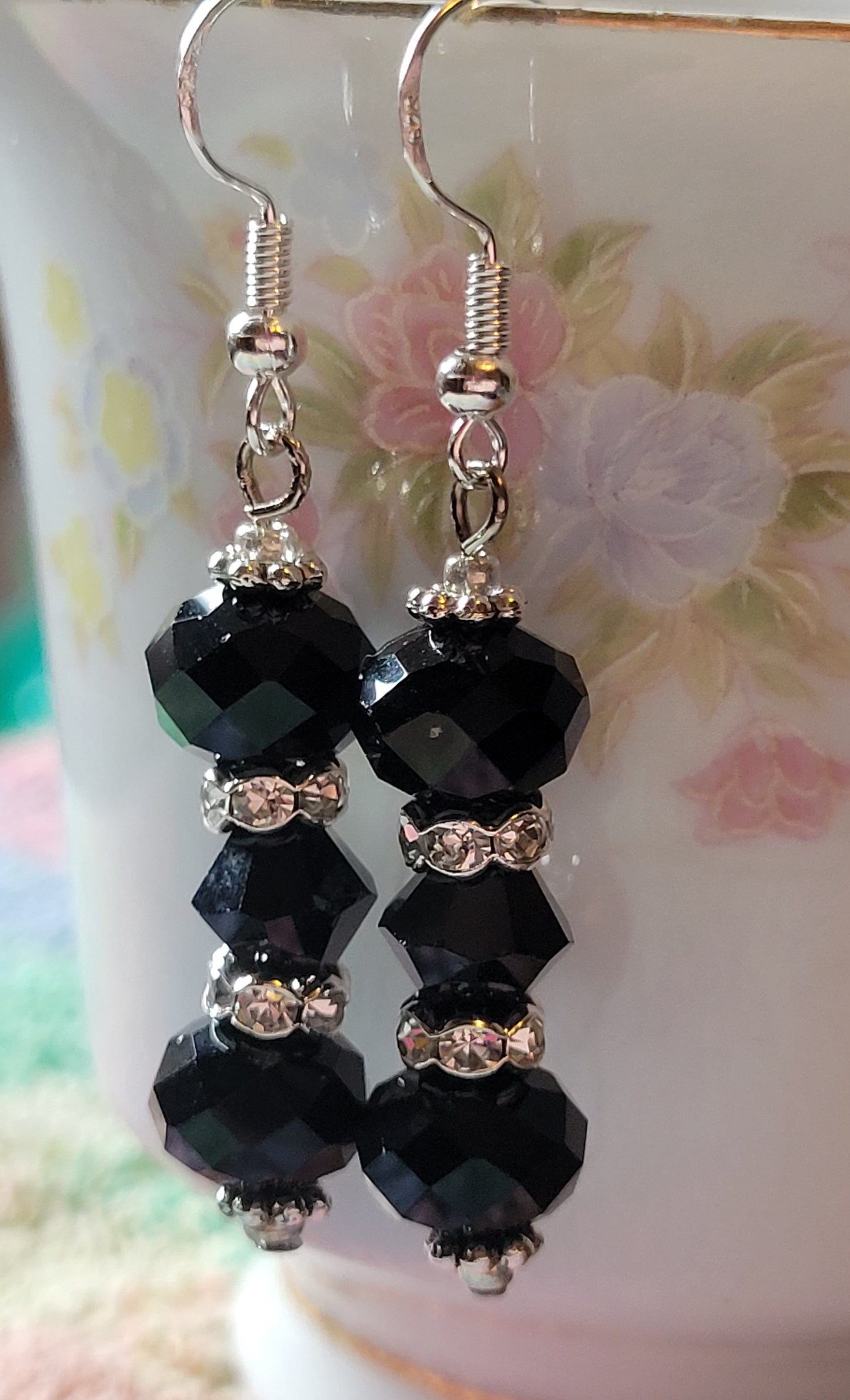 Artisan Elegant EXOTIC BLACK Crystal Dangle Drop Silver Earrings Rhinestones 💜