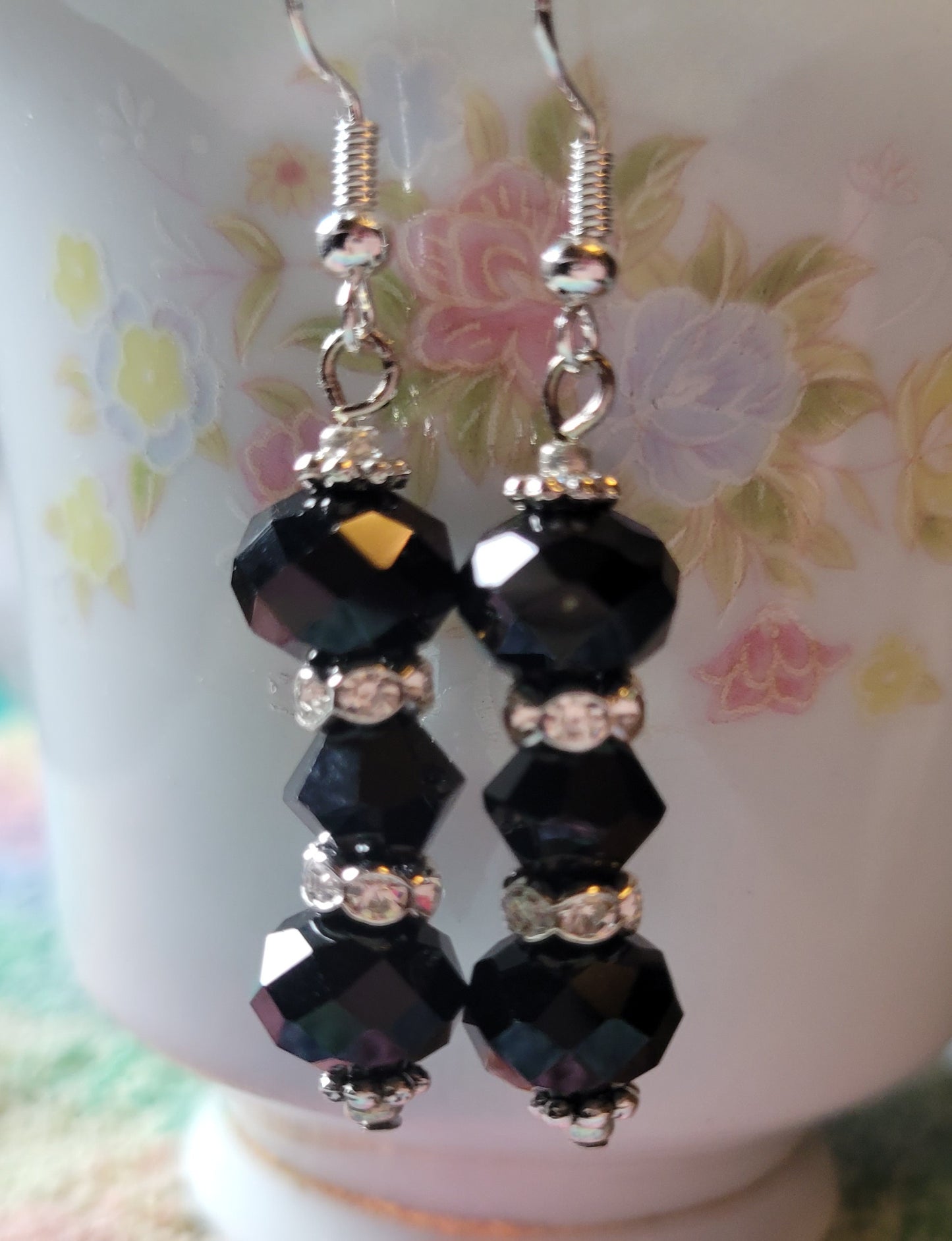 Artisan Elegant EXOTIC BLACK Crystal Dangle Drop Silver Earrings Rhinestones 💜