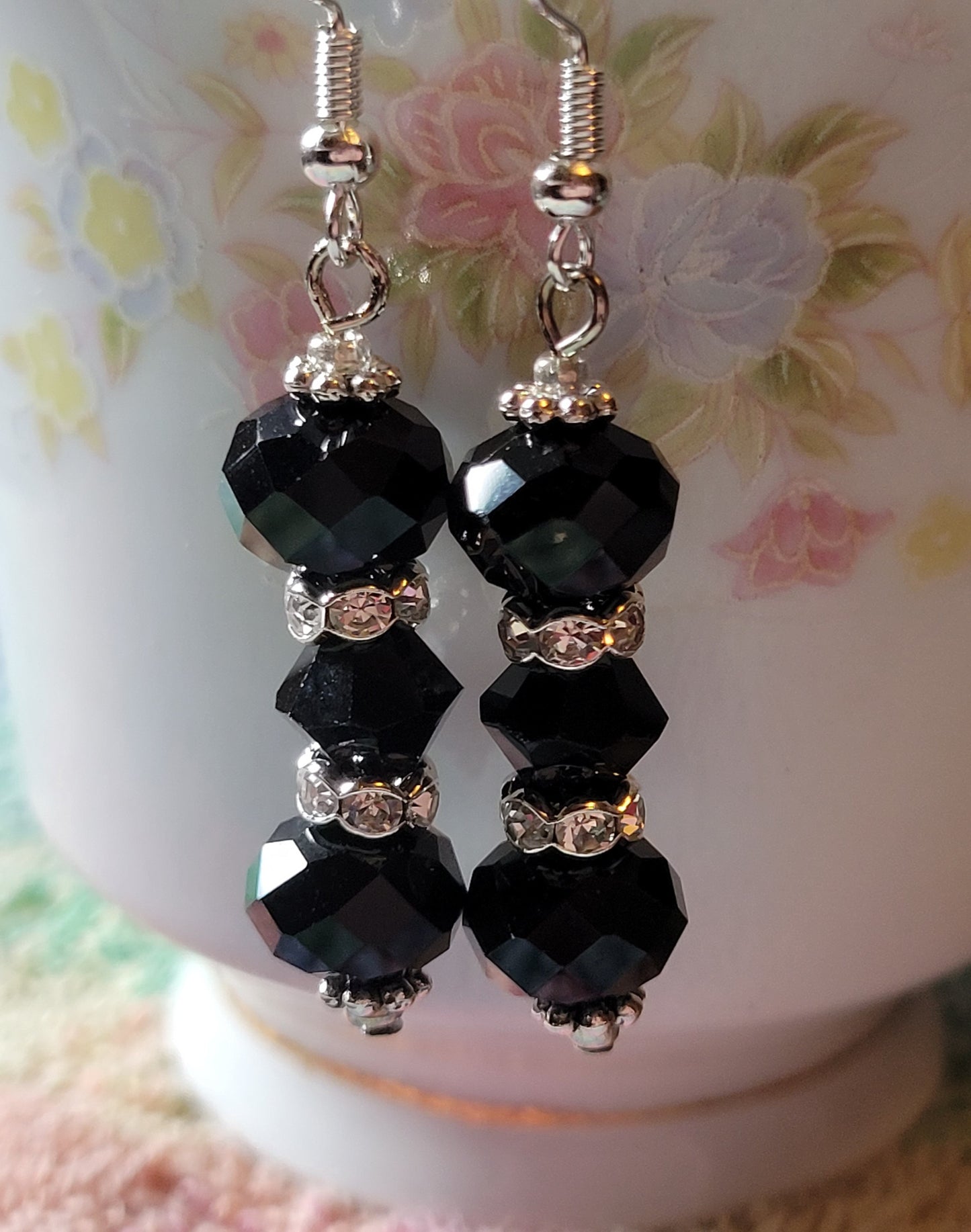 Artisan Elegant EXOTIC BLACK Crystal Dangle Drop Silver Earrings Rhinestones 💜