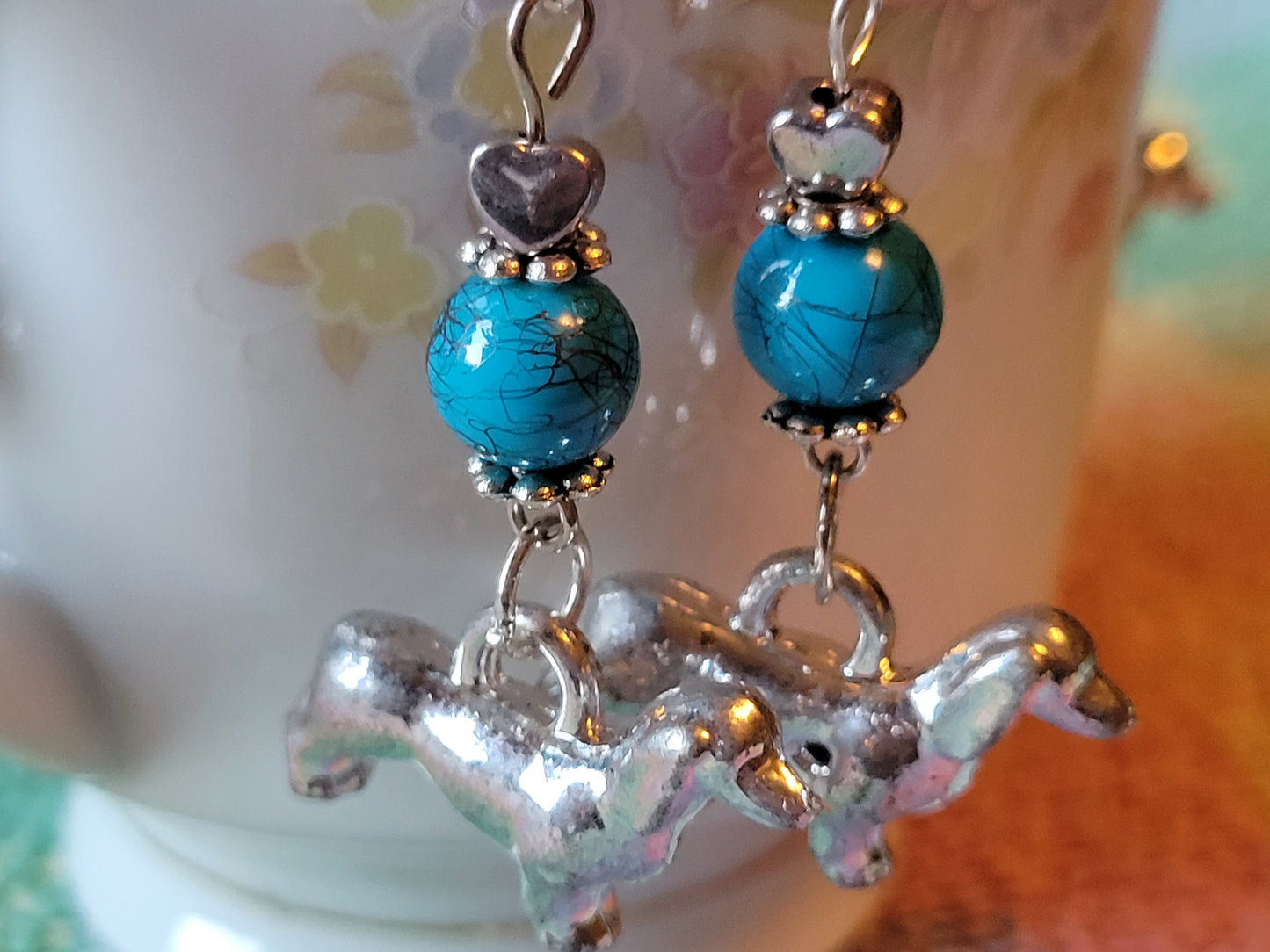 Artisan DASCHUND Dog Breed Dangle Earrings OOAK Handmade TURQUOISE