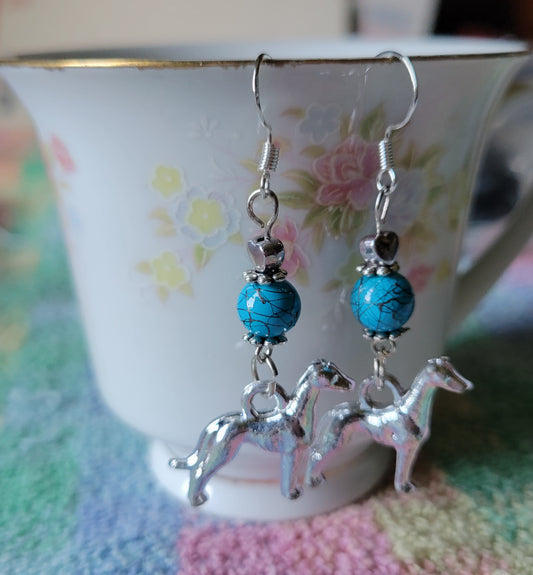 Artisan GREYHOUND Dog Breed Dangle Turquoise Silvertone Earrings French Wires