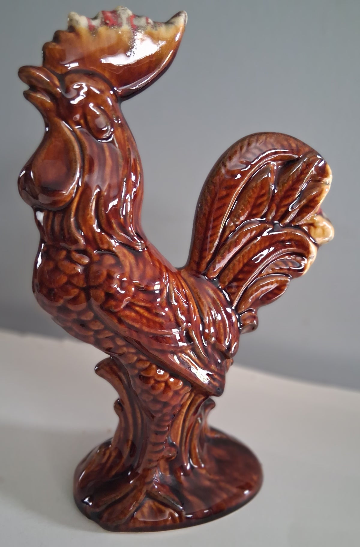 Vintage Brown Drip Glazed Rooster 10 inches 1960s