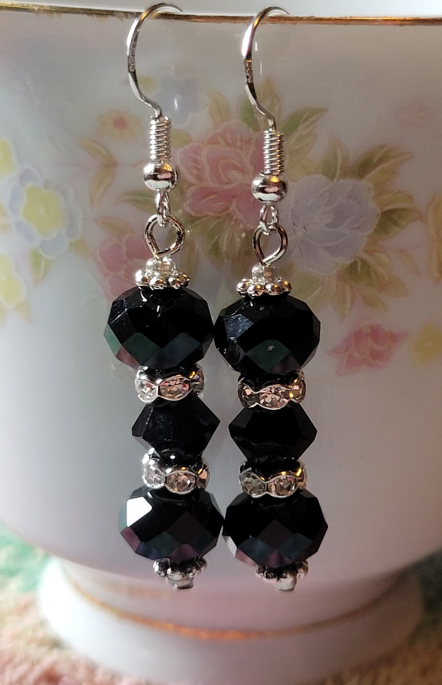 Artisan Elegant EXOTIC BLACK Crystal Dangle Drop Silver Earrings Rhinestones 💜