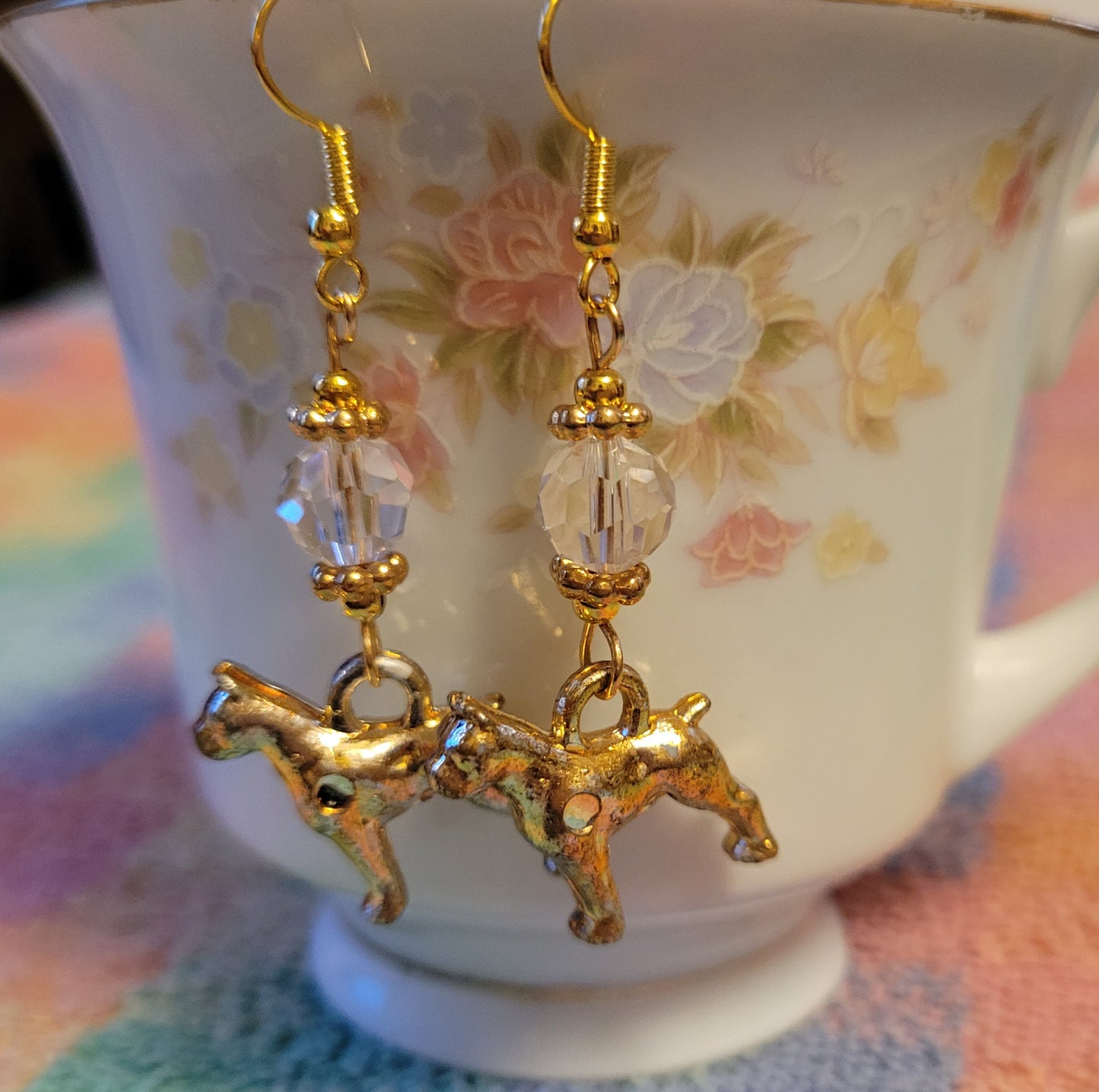 Artisan BOXER Dog Breed Dangle Earrings Gold Tone Handmade Clear Crystals