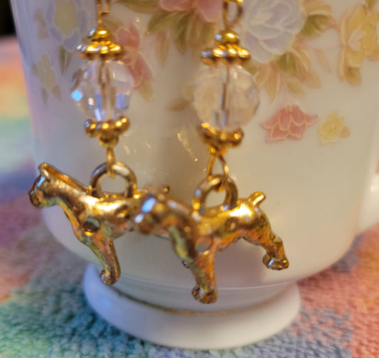 Artisan BOXER Dog Breed Dangle Earrings Gold Tone Handmade Clear Crystals