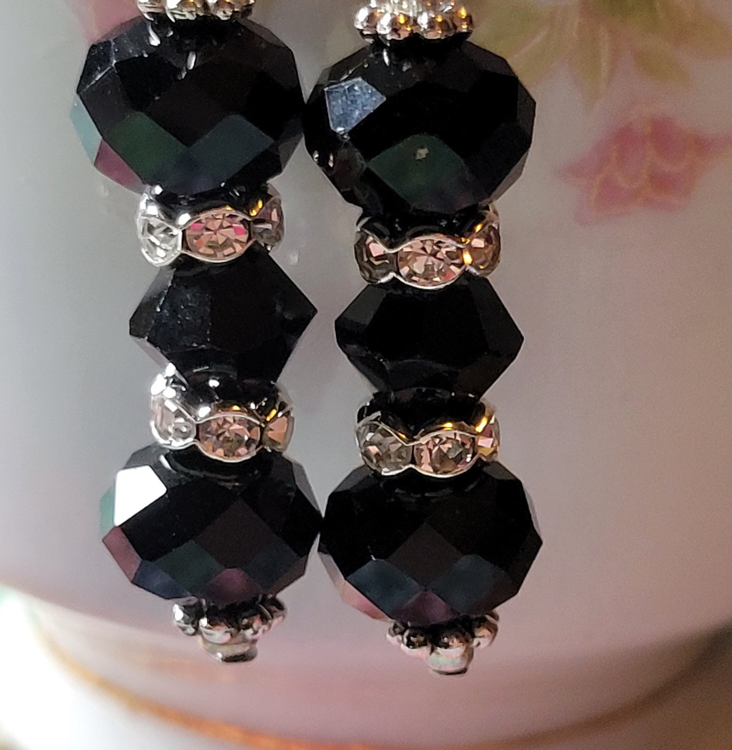 Artisan Elegant EXOTIC BLACK Crystal Dangle Drop Silver Earrings Rhinestones 💜