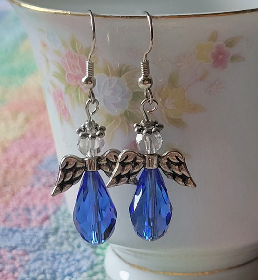 Crystal ANGEL Blue Crystal Dangle Drop Pierced Earrings Fashion Silvertone French Wire