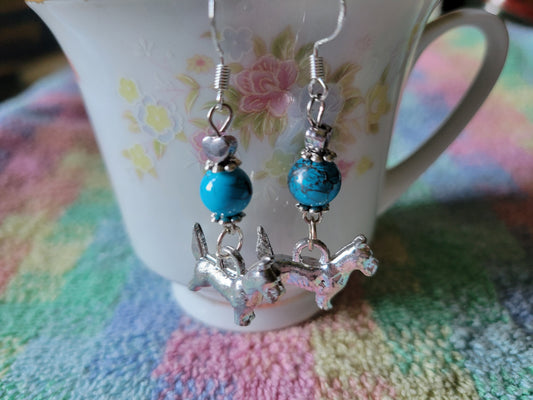 Artisan WESTIE/SCOTTIE Dog Breed Dangle Turquoise Silvertone Earrings French Wires